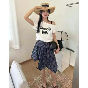 YUEZHONGWEI | Slim Fit Short Sleeve T-Shirt Womens Summer Shoulder Bared Printed American Letter Black Mini Top Korean Style Commute Fashion