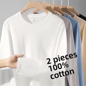 2 Pieces Xinjiang Pure Cotton Long Sleeves T-Shirt Mens and Womens Pure Color Tops round Neck Spring & Fall Underwear T-shirt Cotton Mens T Bottoming Shirt