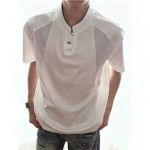 ZHUOCAN | Áo Thun Tay Ngắn Form Rộng Phong Cách Mỹ Cổ Henry Đính Nút MESH Vải Lụa Sợi Mát Ẩn Dáng