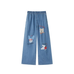 Summer New Cute Cartoon Print Stretch Waist Kids Denim Pants