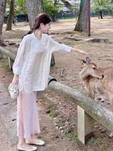 ชุดเสื้อเชิ้ตสีขาวสไตล์จีนใหม่ ชุดแฟชั่นฤดูใบไม้ผลิ ชุดฮันฟู่สไตล์ญี่ปุ่น ชุดกระโปรงสีขาว ชุดแฟชั่นวัยรุ่น