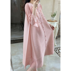 Pure Color Embellished Pleated Dress Womens Bell Sleeve Loose plus Size Slimming Long Shirt Dress Sweet Japanese Style
