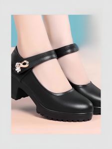 Giày Cao Gót Đế Dày Da Thật Thời Trang Cho Mẹ Trẻ Giày Đơn Thời Trang Mùa Xuân Thu Giày Cao Gót Đế Bằng Mũi Tròn