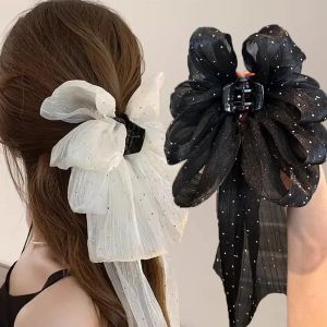 Oversize Ribbon Mesh Bow Hair Claw Clip Girls Braid Hair Ties Elegant Shark Clip Summer Headwear Hair Accessories for Women
