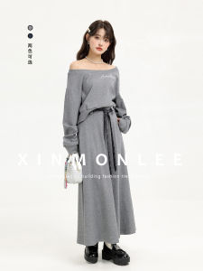 Chic Lightweight Sweatshirt High Waist Mini Skirt Two-Piece Set Simple Fashion Shoulder Design Autumn Collection by XinmonLee