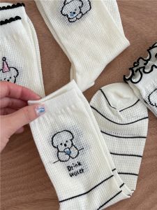 ถุงเท้ายาวปานกลางสุนัขการ์ตูนเก๋ไก๋สําหรับผู้หญิงสไตล์ฤดูใบไม้ผลิฤดูร้อนพร้อมการออกแบบตาข่ายกลวงและคุณสมบัติการดูดซับความชื้น