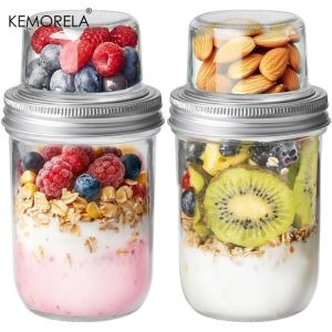KEMORELA Overnight Oats Jars with Covers 1/2PCS Portable Dual-Layer Yogurt Containers for Chia Pudding Cereal Nuts Fruits Salads