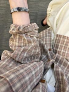 Áo Sơ Mi Kẻ Caro Cotton Cổ Polo Tay Dài Dáng Rộng Cho Nữ Mùa Thu Thường Ngày Chống Nắng Thoáng Khí Thoải Mái