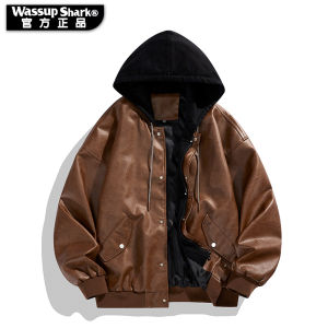 Wassup Shark American Retro PU Leather Jacket Mens Hooded Jacket Spring Autumn Thin Loose Fashion Brand Top Youth Casual