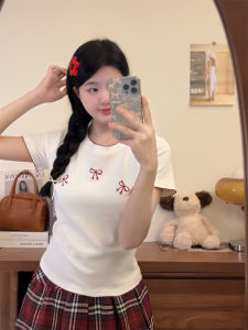 Embroidered Butterfly Knot Short Sleeve Slim Fit T-Shirt Womens Summer Chic White Top Korean Style Commute Creative Cotton
