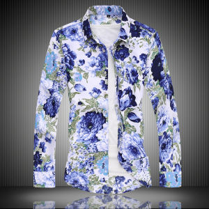 Spring Summer New Fashion Mens Casual Shirt Youth Large Size Long Sleeve Floral Print Comfortable Standard Fit Polyester Fiber