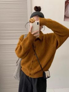 เสื้อคาร์ดิแกนคอโปโลแขนยาวผสมขนสัตว์สไตล์เกาหลี 2 ทาง กระดุม ทรงหลวม ปกโปโล แขนยาว ปกติ ปกติ
