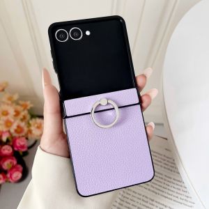 szhaiyu | Luxury Litchi Grain Leather Phone Case for Samsung Galaxy Zflip8 ZFlip7FE Z Flip 8 7 6 5 4 3 Metal Rotating Ring Bracket Cover