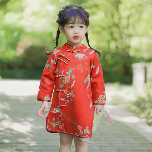 Red Cheongsam Childrens New Chinese Style Dress Baby Girls Spring Autumn Fashionable Traditional Ethnic Clothing Flower Girl