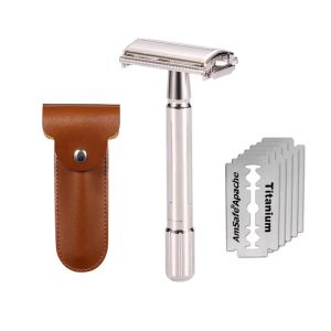 New Mens Shaver Classic Safety Razor Folding Shaving Double Edge Razor 5 PCS Titanium Coated Blades Professional Barber Tool