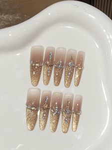 Autumn Winter Glitter Gold Champagne Cat Eye Nail Diamonds Gemstones New Year Bare Color Long Sharp Handmade Wearable Nails