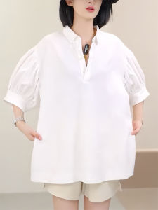QINGNAER | Polo Collar Wrinkle Middle Sleeve Thin Large Size Sunscreen Loose Fat Covering Shirt