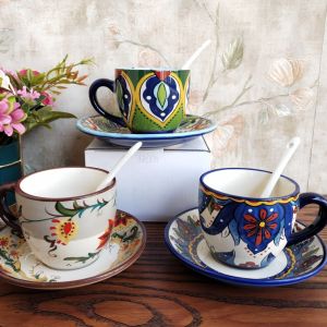 Classic Bohemian Coffee Cup And Plate TTU Premium Green Flower Blue Cup And Plate European Style Ceramic Coffee Utensils