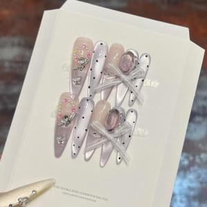Removable Handmade Purple Cat Eye Polka Dot Nail Tips White Enhancing Long Sharp Wearable False Nails Art Decals