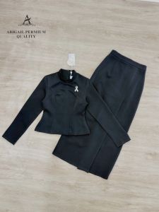 ชุดเซ็ตสีดำชุดดำทำพิธีชุดไทยจิตรดา!!! S-4XL Set3ชิ้น เสื้อสีดำแขนยาว+กระโปรงสีดำทรงสอบ+เข็มกลัดเพชร งานป้าย