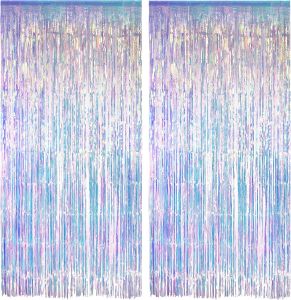 Rainbow Party Streamers Backdrop Neon Clear Tinsel Foil Tassel Curtain Mermaid/Frozen/Ocean/ERAS Party Theme Decoration 2pcs