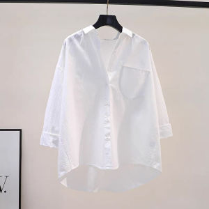 Nữ Rộng Rãi Fit Cotton Vải Bông Áo Sơ Mi Màu Xanh Nhạt Đơn Túi Xuân Hè Phong Cách Mới Phiên Bản Hàn Quốc Cổ Polo Dài Tay Dài Vừa Dài