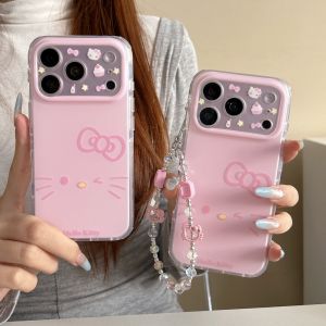 Sanrio | Fashion Frosted Cute Cartoon Sanrio Hello Kitty Bow Phone Case For iPhone 17 16 15 14 Pro Max Cases Soft TPU Cover With Lanyard