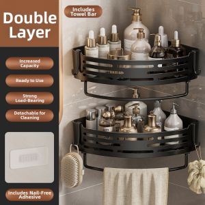 MANJIELI | No-Drill Wall-Mounted Bathroom Storage Rack