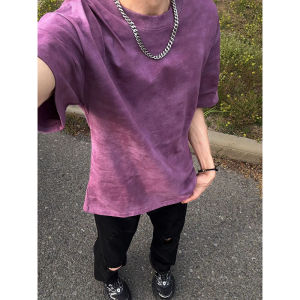 Graduated Tie Dye Purple Short Sleeve Mens Summer American Retro Heavyweight T-Shirt Loose Casual Half Sleeve Cleanfit