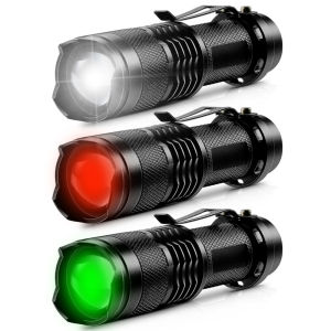 A set of multiple red green and white three light flashlights weighing 52 grams and lightweight convenient for daily carry
