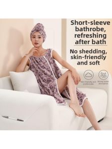 Water Absorbent Adult Bathrobe Set with Towel Dress and Hat Coral Fleece