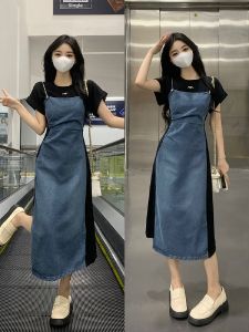 plus Size Denim Patchwork Slimming Mid-Length Dress Womens Cool Sweet Design Sensation Fake Two-Piece Waist-Cinching Dress