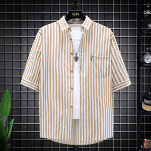 Fancy Vertical Striped Short-Sleeved Shirt Mens Japanese Fashion Brand Handsome Jacket Summer Student Color Matching Casual Shirt