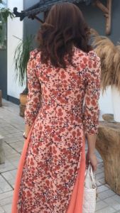 Áo dài hoa nhí 4 tà tay phồng truyền thống giáo viên đi dạy công sở màu nâu cam may sẵn voan lụa cao cấp