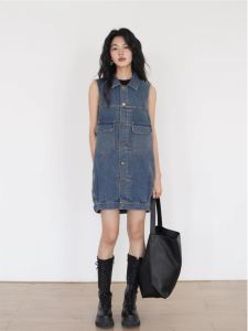 Blue Off-Shoulder Denim Dress Womens Summer New Design Slimming Short Skirt Sleeveless Waist-Cinched Korean Style Cotton Blend