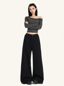 High Waist Wide Leg Pants Women Loose Drawstring Black Casual Trousers American Lazy Versatile UNCOO Casual Pants
