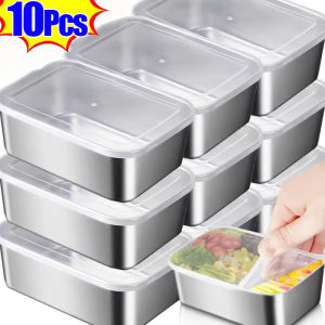 10ชิ้น กล่องเก็บอาหารสแตนเลส 304 พร้อมฝาปิด / กล่องเหล็กหนาสำหรับเก็บอาหารสดและผลไม้ / กล่องเก็บของแบบปิดสนิท / อุปกรณ์จัดระเบียบตู้เย็นในครัว