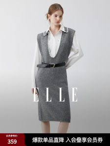 ELLE Cashmere V-Neck Sleeveless Vest-Style Dress Casual Autumn New Style Straight Tube Skirt for Women Commute Elegant