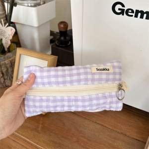 SG Korean Style Quilted Fabric Purple Pink Pencil Case Large Capacity Fresh Plaid Stationery Pouch