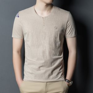 ROMON | Lormen Mens Short Sleeve T-Shirt Summer Thin Ice Silk Linen Round Neck Dad Clothes Chinese Style Fashionable Urban Cotton Blend