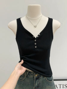 เสื้อกั๊กสายเดี่ยวคอวีแขนกุดผ้าฝ้ายแท้สำหรับผู้หญิง ฤดูใบไม้ผลิและฤดูร้อน ไซส์ใหญ่ เสื้อชั้นในทรงเข้ารูป ใส่ด้านนอก ใส่ด้านใน เสื้อผ้าทำงาน