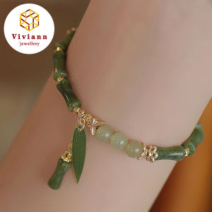 Viviann Original Handmade Green Bamboo Joint Beaded Bracelet for Women Leaves Tassel Flower Bracelets Bangles Girls Party Charm Jewelry Gifts