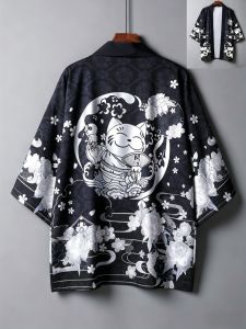 Áo Cardigan Nam Mùa Hè Phong Cách Âu Mỹ In Họa Tiết Mèo Kiểu Kimono Áo Khoác Ngoài Thường Ngày Chất Liệu Polyester Dệt Kim Mỏng Trang Phục Truyền Thống
