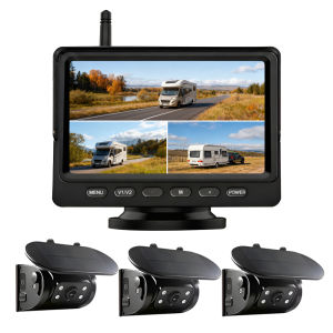 Solar Wireless Backup Camera Kit 4 Channel 5 Inch DVR Car Monitor AI BSD Blind Spot Detection Warning Magnetic for RV Truck