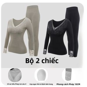 MiiOW | Bộ đồ lót nữ MiiOW 2025 mùa thu đông gợi cảm ren giữ nhiệt độ quần dài tay cổ chữ V màu trơn