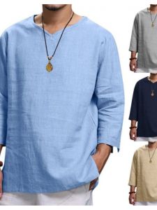 Fashion Men V Neck Nine-Quarter Sleeve Pure Color Loose T-shirt Shirt Mens V-neck Loose T-shirt