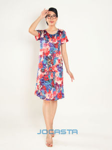 Đầm Trung Niên Dáng Suông Cổ Tròn Ngắn Tay Họa Tiết Hoa Lá Nhiều Màu Nổi Bật