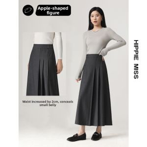 HIPPIE MISS | Versatile Grey Houndstooth Tweed A-line Skirt Medium-long