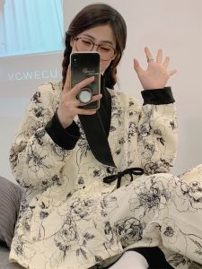 Thickened Pure Cotton Maternity Sleepwear Breastfeeding Feeding Home Clothes Large Size Womens V-neck Long Sleeve Pyjamas