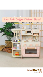 JewelRaes Lea Wooden Pink Coffee Mini Kitchen Stand Playset for Kids with Accessories